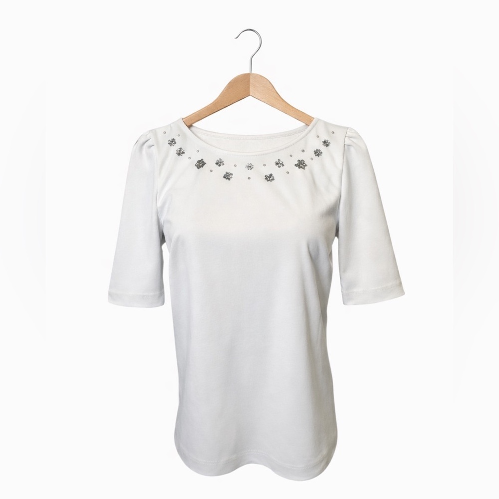 Ann Taylor Embellished Gray Knit Top Pearl Detail Career Chic Tee XS